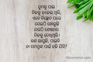  ତୁମକୁ ପାଇ 
ନିଜକୁ ହଜେଇ ଥିଲି,
ଏବେ ବିଚ୍ଛେଦ ପରେ
 ସେଇଠି ଖୋଜୁଛି
ଯଉଠି ଶେଷଥର
 ନିଜକୁ ଦେଖିଥିଲି।
କଣ ଲାଗୁଛି, ପାଇବି  
ନା ସମସ୍ତଙ୍କ ପାଇଁ ହଜି ଯିବି?
