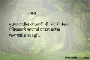                  प्रवास 

भूतकाळातील आठवणी ची शिदोरी घेऊन
भविष्याकडे जाणार्या पाऊल वाटेचा
#@*शाliniwagh.