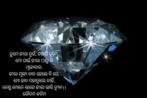 ତୁମେ ହୀରା ନୁହଁ, ତଥାପି ତୁମେ,
ମୋ ପାଇଁ ହୀରା ଠାରୁ ବି
ମୂଲ୍ୟବାନ,
ହୀରା ମୂଲ୍ୟ ବାନ ହେଲେ ବି ସେ,
ମୋ ହାତ ପହାନ୍ତାରେ ନାହିଁ,
ତେଣୁ ମୋତେ ଲାଗେ ହୀରା ଭାରି ନ୍ୟୁନ।।
ଗୌତମ କଚିମ