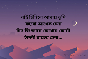 নাই চিনিলে আমায় তুমি
রইবো আধেক চেনা
চাঁদ কি জানে কোথায় ফোটে
চাঁদনী রাতের হেনা...
