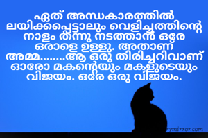 ഏത് അന്ധകാരത്തിൽ ലയിക്കപ്പെട്ടാലും വെളിച്ചത്തിന്റെ നാളം തന്നു നടത്താൻ ഒരേ ഒരാളെ ഉള്ളു. അതാണ് അമ്മ........ആ ഒരു തിരിച്ചറിവാണ് ഓരോ മകന്റെയും മകളുടെയും വിജയം. ഒരേ ഒരു വിജയം.