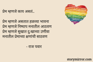 प्रेम म्हणजे काय असतं..

प्रेम म्हणजे असतात हळव्या भावना
प्रेम म्हणजे निष्पाप मनातील आठवण
प्रेम म्हणजे सुखात दुःखाच्या उणीवा
मनातील प्रेमाच्या क्षणांची साठवण

                        - राज पवार 
