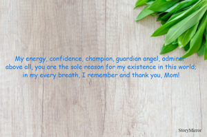 My energy, confidence, champion, guardian angel, admirer above all, you are the sole reason for my existence in this world; in my every breath, I remember and thank you, Mom! 
#thankyoumom