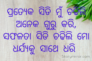 ପ୍ରତ୍ୟେକ ସିଡି ମୁଁ ଚଢିଲି ଅନେକ ଗୁରୁ କରି,
ସଫଳତା ସିଡି ଚଢିଲି ମୋ ଧର୍ଯ୍ୟକୁ ସାଥେ ଧରି 