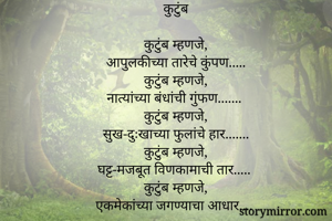 कुटुंब 

कुटुंब म्हणजे,
आपुलकीच्या तारेचे कुंपण.....
कुटुंब म्हणजे,
नात्यांच्या बंधांची गुंफण.......
कुटुंब म्हणजे,
सुख-दुःखाच्या फुलांचे हार.......
कुटुंब म्हणजे,
घट्ट-मजबूत विणकामाची तार.....
कुटुंब म्हणजे,
एकमेकांच्या जगण्याचा आधार....