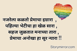 नजरेला कळतो प्रेमाचा इशारा  ,
   पहिल्या भेटीचा हा खेळ सारा ,
       सहज जुळतात मनाच्या तारा ,
           प्रेमाचा अनोखा हा सूर न्यारा !!