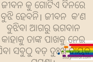 ଜୀବନ କୁ ଗୋଟିଏ ଦିନରେ ବୁଝି ହେବନି। ଜୀବନ  କ'ଣ ବୁଝିବା ଆଗରୁ ଭଗବାନ କାହାକୁ ତାଙ୍କ ପାଖକୁ ନେଇ ଯିବା ସବୁଠୁ ବଡ଼ ଦୁଃଖ ଦାୟକ ଘଟଣା।
ଅମିତା ଦାଶ 🙏🌷