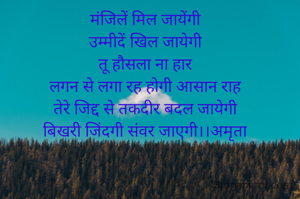 
मंजिलें मिल जायेंगी
उम्मीदें खिल जायेगी
तू हौसला ना हार
लगन से लगा रह होगी आसान राह
तेरे जिद्द से तकदीर बदल जायेगी
बिखरी जिंदगी संवर जाएगी।।अमृता