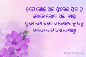 ତୁମେ ଖୋଜୁ ଥିଲ ଫୁଲେଇ ଫୁଲ କୁ
ମୋତେ ଲୋଡା ଥିଲା ବାସ୍ନା
ତୁମେ ତୋ ବିଭୋର ତୋଳିବାକୁ ଜହ୍ନ
ମୋତେ ଜାଳି ଦିଏ ଜ୍ୟୋସ୍ନା