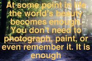 At some point in life the world's beauty becomes enough. You don't need to photograph, paint, or even remember it. It is enough