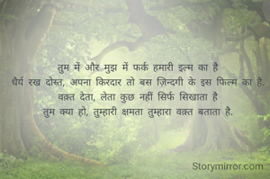 तुम में और मुझ में फर्क हमारी इल्म का है
धैर्य रख दोस्त, अपना किरदार तो बस ज़िन्दगी के इस फिल्म का है.
वक़्त देता, लेता कुछ नहीं सिर्फ सिखाता है
तुम क्या हो, तुम्हारी क्षमता तुम्हारा वक़्त बताता है.