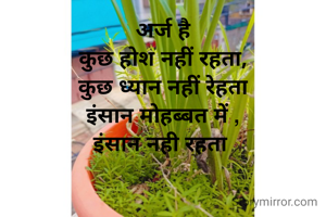  अर्ज है 
कुछ होश नहीं रहता,
कुछ ध्यान नहीं रेहता
इंसान मोहब्बत में ,
इंसान नही रहता 