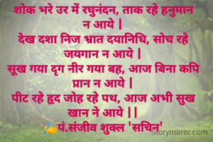 शोक भरे उर में रघुनंदन, ताक रहे हनुमान न आये |
देख दशा निज भ्रात दयानिधि, सोच रहे जयगान न आये |
सूख गया दृग नीर गया बह, आज बिना कपि प्रान न आये |
पीट रहे हृद जोह रहे पथ, आज अभी सुख खान ने आये ||
✍️पं.संजीव शुक्ल 'सचिन'