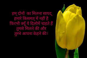 हम् दोनों  का मिलना सायद्
हमारे किसमत् में नहीं है 
फिरभी क्यूँ ये दिलोमें चाहते हैं 
तुमसे मिलने की और 
तुम्भे आपना केहने की। 
