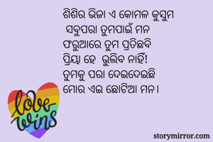 ଶିଶିର ଭିଜା ଏ କୋମଳ କୁସୁମ
 ସବୁପରା ତୁମପାଇଁ ମନ 
ଫରୁଆରେ ତୁମ ପ୍ରତିଛବି
ପ୍ରିୟା ହେ  ଭୁଲିବ ନାହିଁ!
ତୁମକୁ ପରା ଦେଇଦେଇଛି 
ମୋର ଏଇ ଛୋଟିଆ ମନ।