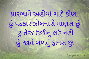 પ્રારબ્ધને અહીંયાં ગાંઠે કોણ 
 હું પડકાર ઝીલનારો માણસ છું 
 હું તેજ ઉછીનું લઉં નહીં
 હું જાતે બળતું ફાનસ છું.