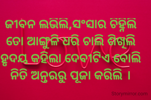 ଜୀବନ ଲଭିଲି,ସଂସାର ଚିହ୍ନିଲି
ତୋ ଆଙ୍ଗୁଳି ଧରି ଚାଲି ଶିଖିଲି
ହୃଦୟ କହିଲା ଦେବୀଟିଏ ବୋଲି
ନିତି ଅନ୍ତରରୁ ପୂଜା କରିଲି ।