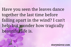 Have you seen the leaves dance together the last time before falling apart in the wind? I can't help but wonder how tragically beautiful life is.