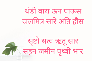 थंडी वारा ऊन पाऊस
जलमित्र सारे अति हौस

सृष्टी सत्व ऋतू सार
 सहन जमीन पृथ्वी भार 