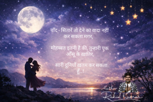 चाँद - सितारें तो देने का वादा नहीं कर सकता मगर,
मोहब्बत इतनी है की, तुम्हारी एक आँसू के ख़ातिर,
 सारी दुनियाँ ख़तम कर सकता हूँ..!💘✨❤️

लेखक - राहुल कुमार 