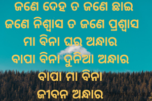  ଜଣେ ଦେହ ତ ଜଣେ ଛାଇ
ଜଣେ ନିଶ୍ବାସ ତ ଜଣେ ପ୍ରଶ୍ୱାସ
ମା ବିନା ଘର ଅନ୍ଧାର 
ବାପା ବିନା ଦୁନିଆ ଅନ୍ଧାର 
ବାପା ମା ବିନା 
ଜୀବନ ଅନ୍ଧାର 