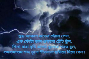 স্তব্ধ আকাশ ঝড়ের ছোঁয়া পেল,
এক ফোঁটা জল শুকনো ঠোঁট ছুঁল,
শিলা ঝরা বৃষ্টি ঝাপট ধুলোর পরত ধুল,
গুমগুমাগুম শব্দ তুলে শীতলতা ছড়িয়ে দিয়ে গেল।