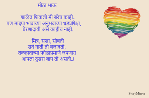 मोठा भाऊ 
शाळेत शिकलो मी बरेच काही..
पण माझ्या भावाच्या अनुभवाच्या धड्यांपेक्षा,
प्रेरणादायी असे काहीच नाही.

मित्र, सखा, सोबती
सर्व नाती तो बजावतो,
तळहाताच्या फोडाप्रमाणे जपणारा
आपला दुसरा बाप तो असतो..!