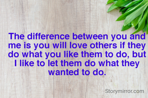 The difference between you and me is you will love others if they do what you like them to do, but I like to let them do what they wanted to do.