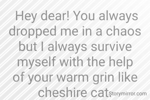 Hey dear! You always dropped me in a chaos but I always survive myself with the help of your warm grin like cheshire cat.