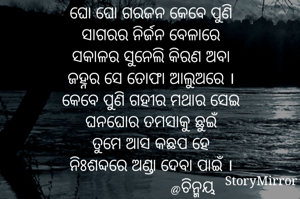 ଘୋ ଘୋ ଗରଜନ କେବେ ପୁଣି
ସାଗରର ନିର୍ଜନ ବେଳାରେ
ସକାଳର ସୁନେଲି କିରଣ ଅବା
ଜହ୍ନର ସେ ତୋଫା ଆଲୁଅରେ ।
କେବେ ପୁଣି ଗହୀର ମଥାର ସେଇ
ଘନଘୋର ତମସାକୁ ଛୁଇଁ
ତୁମେ ଆସ କଛପ ହେ
ନିଃଶବ୍ଦରେ ଅଣ୍ଡା ଦେବା ପାଇଁ ।
                  @ଚିନ୍ମୟ