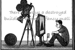 There's always a destroyed building behind a fancy mall 