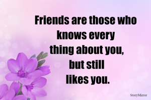 Friends are those who 
knows every thing about you,
but still likes you.