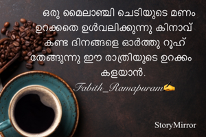 ഒരു മൈലാഞ്ചി ചെടിയുടെ മണം ഉറക്കതെ ഉൾവലിക്കുന്നു കിനാവ് കണ്ട ദിനങ്ങളെ ഓർത്തു റൂഹ് തേങ്ങുന്നു ഈ രാത്രിയുടെ ഉറക്കം കളയാൻ.
