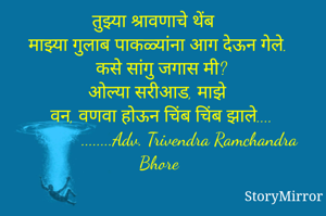 तुझ्या श्रावणाचे थेंब 
माझ्या गुलाब पाकळ्यांना आग देऊन गेले.
कसे सांगु जगास मी?
ओल्या सरीआड, माझे 
वन, वणवा होऊन चिंब चिंब झाले....
