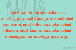 കാഴ്ചകൾ ഒന്നായിരിക്കാം
കാഴ്ചപ്പാടുകൾ വ്യത്യസ്ഥമായിടിൽ
ഞാനെന്നാൽ നീയാകായ്കയിൽ
നീയെന്നാൽ ഞാനാകായ്കയിൽ
നാമെല്ലാം ഒന്നായിടുന്നുമെന്നും 