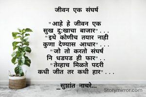 जीवन एक संघर्ष

"आहे हे जीवन एक 
सुख दु:खाचा बाजार"...
"इथे कोणीच तयार नाही
कुणा देण्यास आधार"...
"जो तो करतो संघर्ष
नि धडपड ही फार"..
"तेव्हाच मिळते पदरी
कधी जीत तर कधी हार"...

_सुशांत नाचरे...
