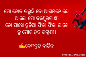 ମୋ କୋଳ ଭରୁଛି ତୋ ଆଗମନେ ଲୋ
ଆଲୋ ମୋ କଣ୍ଢେଇରାଣୀ
ତୋ ପାଖେ ଦୁନିଆ ଫିକା ଫିକା ଲାଗେ
ତୁ ମୋର ହୃଦ ରଙ୍କୁଣୀ।

✍️ଦେବବ୍ରତ ବାରିକ 