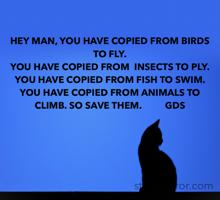 HEY MAN, YOU HAVE COPIED FROM BIRDS TO FLY. 
YOU HAVE COPIED FROM  INSECTS TO PLY. 
YOU HAVE COPIED FROM FISH TO SWIM. 
YOU HAVE COPIED FROM ANIMALS TO CLIMB. SO SAVE THEM.          GDS