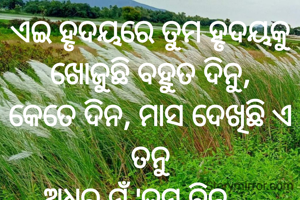 ଏଇ ହୃଦୟରେ ତୁମ ହୃଦୟକୁ
ଖୋଜୁଛି ବହୁତ ଦିନୁ,
କେତେ ଦିନ, ମାସ ଦେଖିଛି ଏ ତନୁ
ଅଧିର ମୁଁ 'ତୁମ ବିନୁ....
ପ୍ରଣତି ଜେନା l