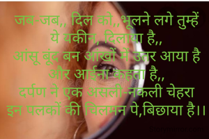 

जब-जब,, दिल को,,भूलने लगे तुम्हें
ये यकीन, दिलाया है,,
आंसू बूंद बन आंखों में उतर आया है
और आईना कहता है,,
दर्पण ने एक असली-नकली चेहरा
इन पलकों की चिलमन पे,बिछाया है।।