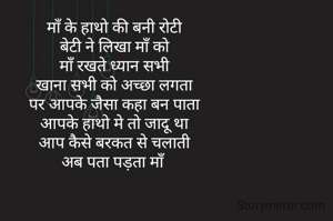 माँ के हाथो की बनी रोटी
बेटी ने लिखा माँ को
माँ रखते ध्यान सभी
खाना सभी को अच्छा लगता
पर आपके जैसा कहा बन पाता
आपके हाथो मे तो जादू था
आप कैसे बरकत से चलाती
अब पता पड़ता माँ 