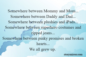 Somewhere between Mommy and Mom...
Somewhere between Daddy and Dad...
Somewhere between plushies and iPads...
Somewhere between superhero costumes and ripped jeans...
Somewhere between pinky promises and broken hearts...
We all grew up. 