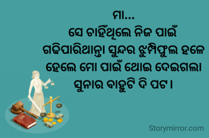 
ମା...
ସେ ଚାହିଁଥିଲେ ନିଜ ପାଇଁ 
ଗଢିପାରିଥାନ୍ତା ସୁନ୍ଦର ଝୁମ୍ପିଫୁଲ ହଳେ
ହେଲେ ମୋ ପାଇଁ ଥୋଇ ଦେଇଗଲା
ସୁନାର ବାହୁଟି ଦି ପଟ।