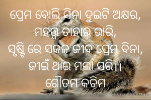 ପ୍ରେମ ବୋଲି ସିନା ଦୁଇଟି ଅକ୍ଷର,
ମହତ୍ତ୍ଵ ତାହାର ଭାରି,
ସୃଷ୍ଟି ରେ ସକଳ ଜୀବ ପ୍ରେମ ବିନା,
ଜୀଇଁ ଥାଇ ମଲା ସରି।।
ଗୌତମ କଚିମ