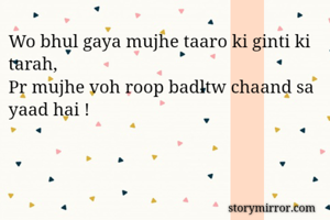 Wo bhul gaya mujhe taaro ki ginti ki tarah,
Pr mujhe voh roop badltw chaand sa yaad hai !