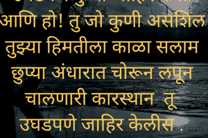 जात पात काही नसत हो !गावकुसातलया गल्लीपासून दिल्लीपर्यंत, चारचौघात ,चर्चा सत्रात,आणि भाषणात पकक रूजलेल हे वाक्य.आमच्या वर्मा वर प्रहार करतं काळजाला जाऊन भिडत जेव्हा महारांना आम्ही घरं विकत नाही अस उघडपणे कुणी जाहिर करतं आणि हो! तु जो कुणी असशिल तुझ्या हिमतीला काळा सलाम छुप्या अंधारात चोरून लपून चालणारी कारस्थान  तू उघडपणे जाहिर केलीस .