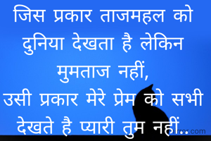 जिस प्रकार ताजमहल को दुनिया देखता है लेकिन मुमताज नहीं,
उसी प्रकार मेरे प्रेम को सभी देखते है प्यारी तुम नहीं..