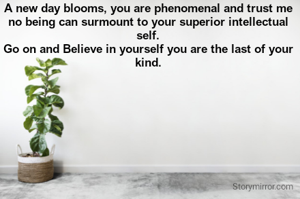 A new day blooms, you are phenomenal and trust me no being can surmount to your superior intellectual self.
Go on and Believe in yourself you are the last of your kind.