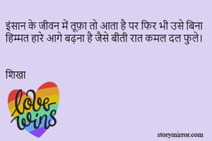 इंसान के जीवन में तूफ़ा तो आता है पर फिर भी उसे बिना हिम्मत हारे आगे बढ़ना है जैसे बीती रात कमल दल फुले। 

शिखा 