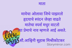 माता

मायेचा ओलावा जिथे पाझरतो
हृदयाचे स्पंदन जेव्हा वाढते
मातेचा स्पर्श मधुर वाटतो
त्या प्रेमाचे नाव म्हणजे आई असते.

सौ.आश्विनी सुहास मिश्रीकोटकर
